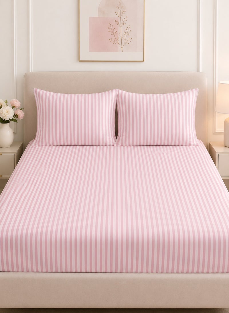 Luxury 3-piece striped pink bed sheet set with one flat sheet and two pillowcases for hotels and home use. - Image 1