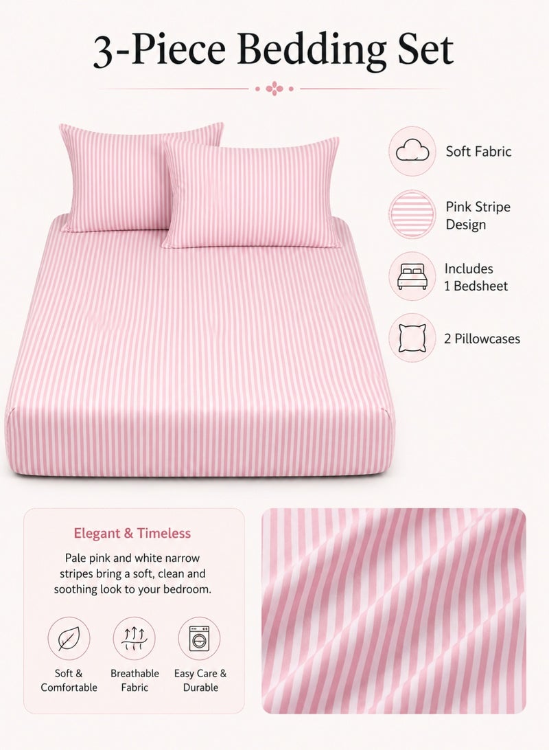 Luxury 3-piece striped pink bed sheet set with one flat sheet and two pillowcases for hotels and home use. - Image 3