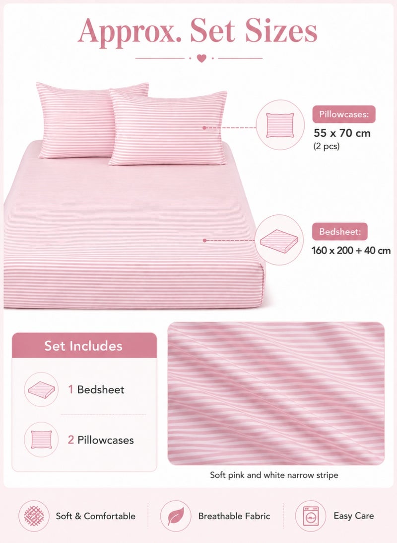 Luxury 3-piece striped pink bed sheet set with one flat sheet and two pillowcases for hotels and home use. - Image 2