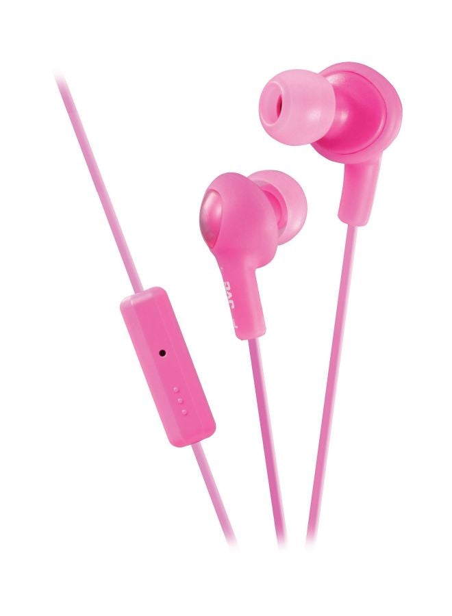 JVC PINK GUMY In ear earbuds with stay fit ear tips and MIC. Wired 3.3ft colored cord cable with headphone jack. Small, medium, and large ear tip earpieces included. JVC GUMY HAFX7MP - Image 1