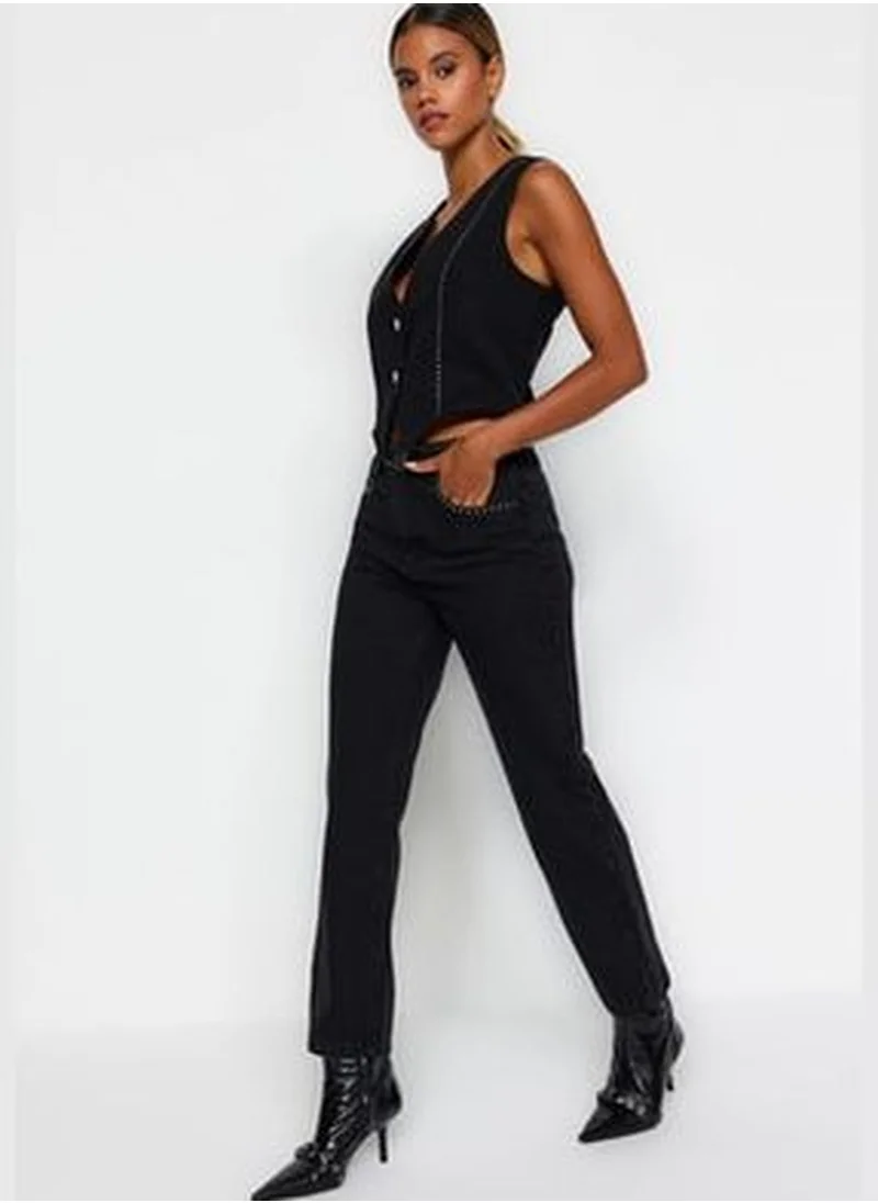 trendyol Black Trousers Detailed High Waist Straight Jeans TWOAW24JE00149