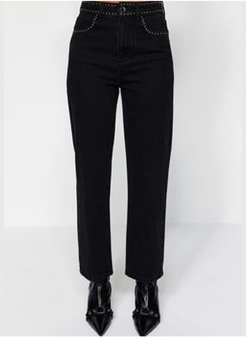 trendyol Black Trousers Detailed High Waist Straight Jeans TWOAW24JE00149  - Image 5