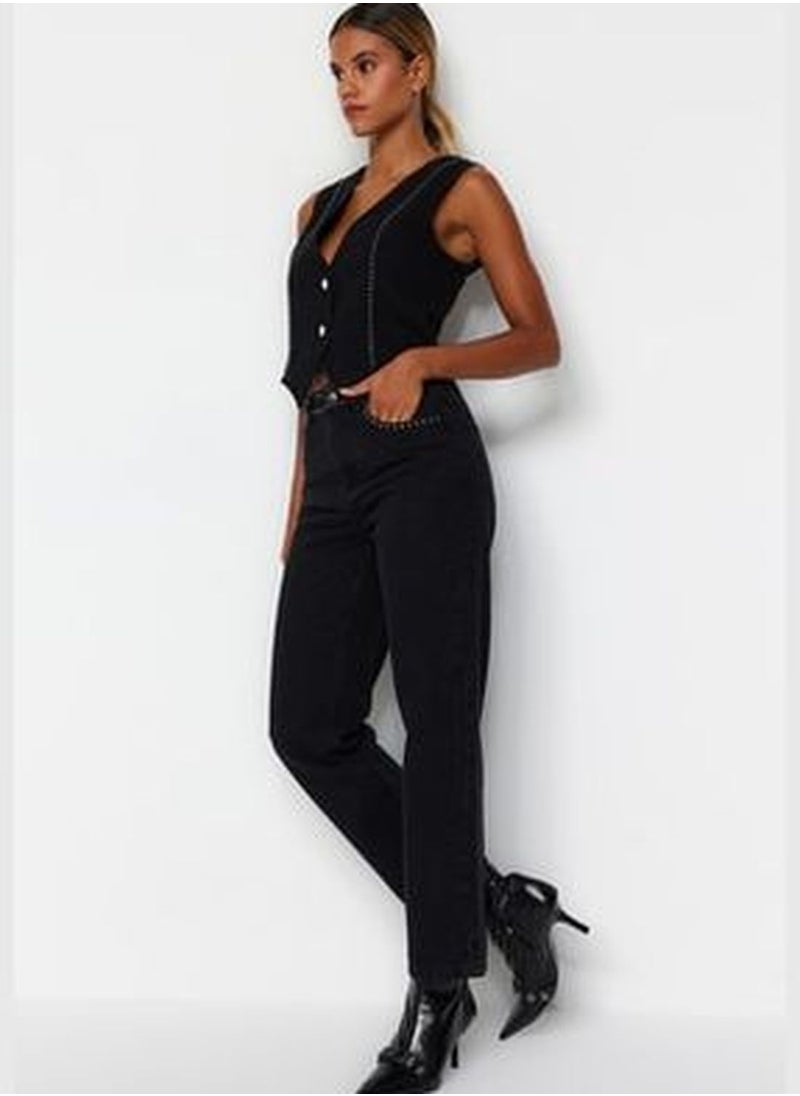 trendyol Black Trousers Detailed High Waist Straight Jeans TWOAW24JE00149  - Image 3
