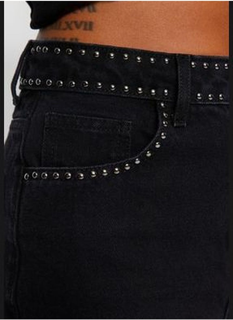 trendyol Black Trousers Detailed High Waist Straight Jeans TWOAW24JE00149  - Image 4