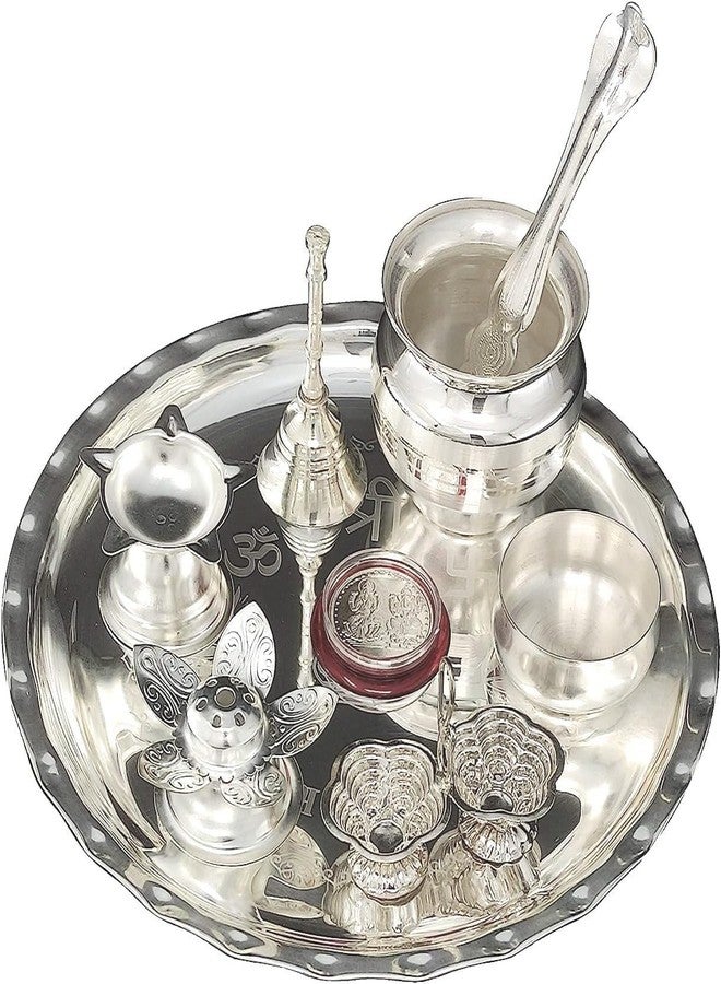 NOBILITY Pooja Thali Set Silver Plated 8 Inch with Plate Ghanti Bowl Spoon Dhup Dan Diya Kumkum Holder Coin Puja Thali for Home Mandir Office Wedding Return Diwali Gift Items - Image 4