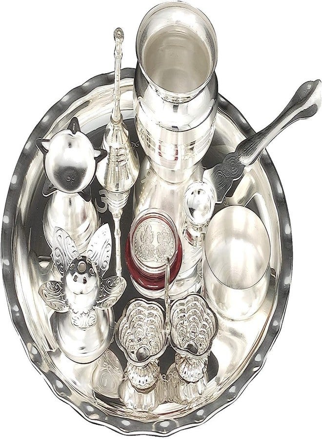 NOBILITY Pooja Thali Set Silver Plated 8 Inch with Plate Ghanti Bowl Spoon Dhup Dan Diya Kumkum Holder Coin Puja Thali for Home Mandir Office Wedding Return Diwali Gift Items - Image 1