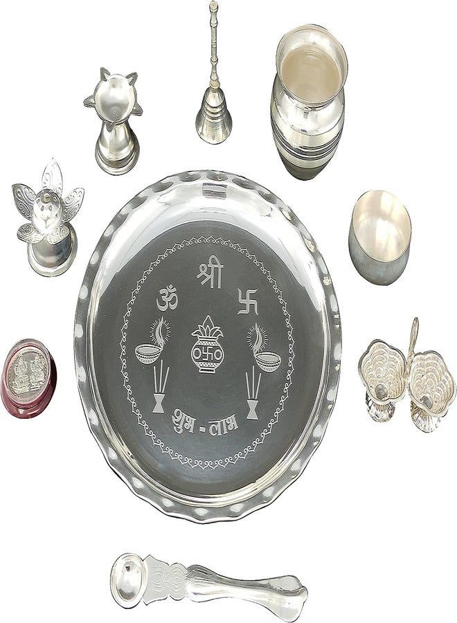 NOBILITY Pooja Thali Set Silver Plated 8 Inch with Plate Ghanti Bowl Spoon Dhup Dan Diya Kumkum Holder Coin Puja Thali for Home Mandir Office Wedding Return Diwali Gift Items - Image 3