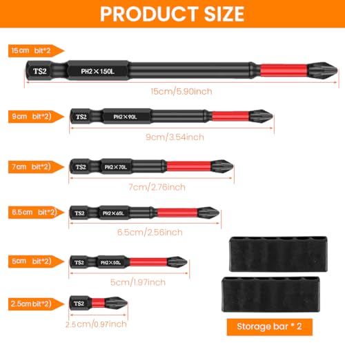 Serplex® TS2 Magnetic S2 Steel Screwdriver Bits Set, 1/4-Inch Hex Shank, S2 Steel, 6 Lengths, Quick-Change Holder, Anti-Slip, Durable for Drill & Electric Screwdrivers, Set of 12 - Image 2