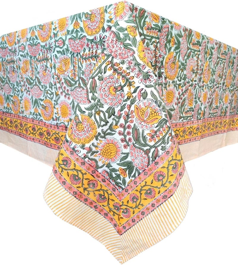 ATOSII Clover Yellow 100 Cotton Rectangle Fall Tablecloth Handblock Floral Print Linen Table Cloth for Kitchen Dining I Parties Outdoors Christmas Thanksgiving I 72 X 120 Inches I 10 Seater - Image 2