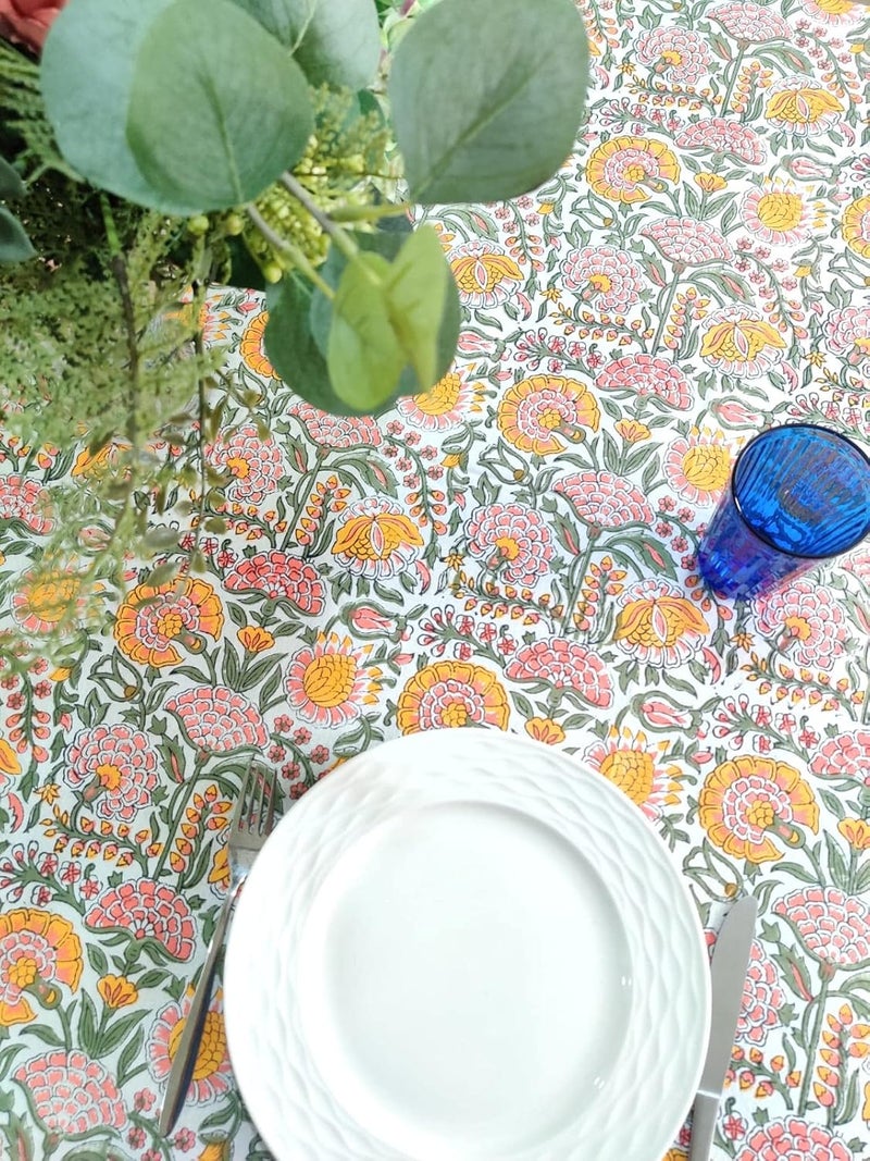 ATOSII Clover Yellow 100 Cotton Rectangle Fall Tablecloth Handblock Floral Print Linen Table Cloth for Kitchen Dining I Parties Outdoors Christmas Thanksgiving I 72 X 120 Inches I 10 Seater - Image 4