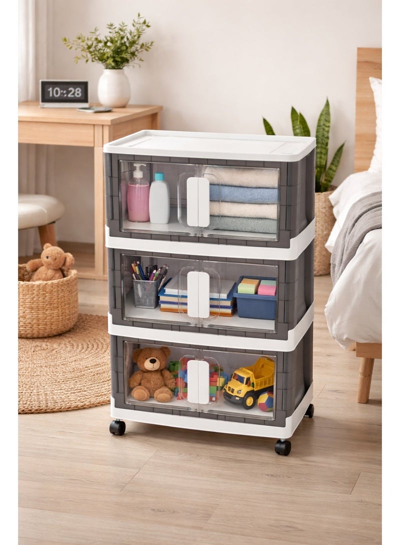 دي بلو خزانة تخزين بلاستيكية قابلة للطي بثلاثة أرفف: منظم متعدد الاستخدامات، واسع، وقابل للتكديس لحلول التخزين المنزلية والمكتبية - Image 3