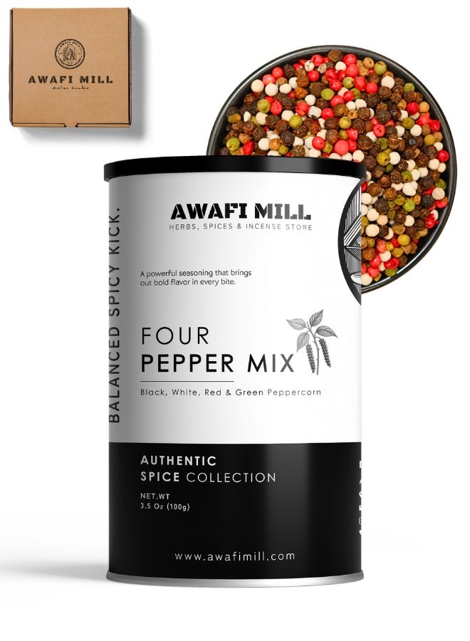 AWAFI MILL Four Pepper Mix - Premium Black, White, Green & Red Peppercorn Blend - 100 g | 3.5 Oz - Image 1