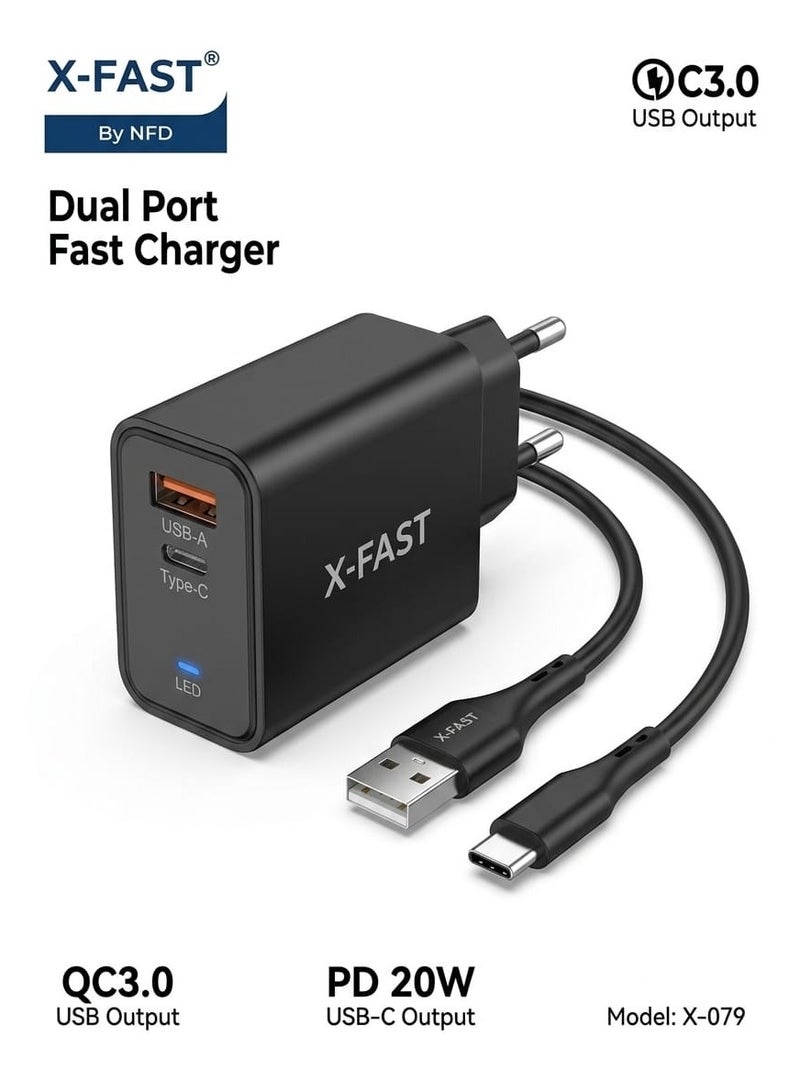 شاحن جداري سريع ثنائي المنافذ X-079، يدعم USB-A و Type-C، بقدرة 20 واط بتقنية الشحن السريع PD و QC 3.0، مزود بإضاءة LED وكابل Type-C للهواتف الذكية