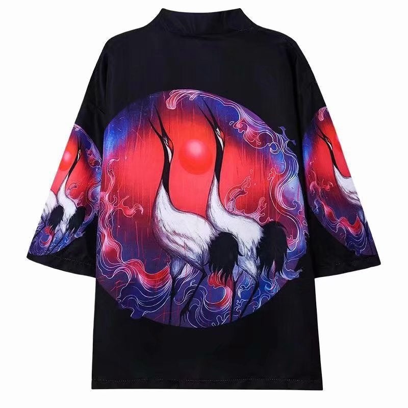 Trendy Korean Summer Mens Open Cardigan with Dragon Print 27 Double Crane Black 