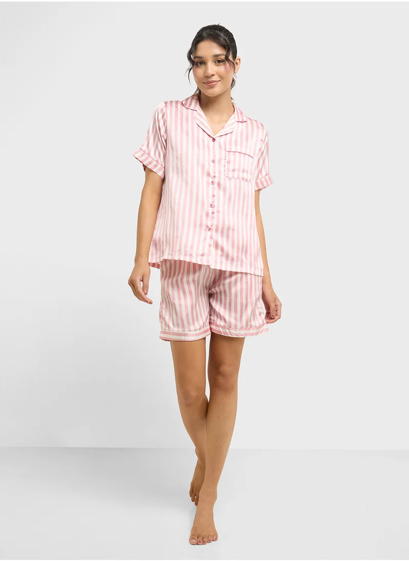 Ginger Satin Stripe Shirt & Short Pj Set