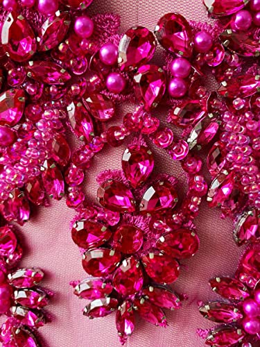 Zbroh Handmade red/Blue/Gold/Green Rhinestones lace Bodice Applique Sewing Beads Crystal Trim Patches Accessory for Dress Clothes (Rose red) - Image 3