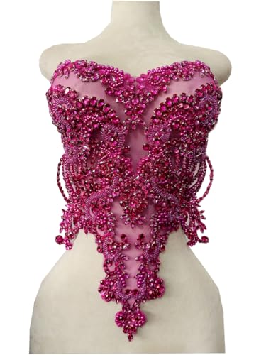 Zbroh Handmade red/Blue/Gold/Green Rhinestones lace Bodice Applique Sewing Beads Crystal Trim Patches Accessory for Dress Clothes (Rose red) - Image 5