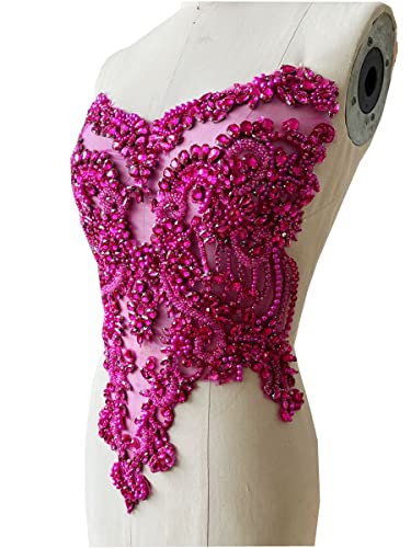 Zbroh Handmade red/Blue/Gold/Green Rhinestones lace Bodice Applique Sewing Beads Crystal Trim Patches Accessory for Dress Clothes (Rose red) - Image 2