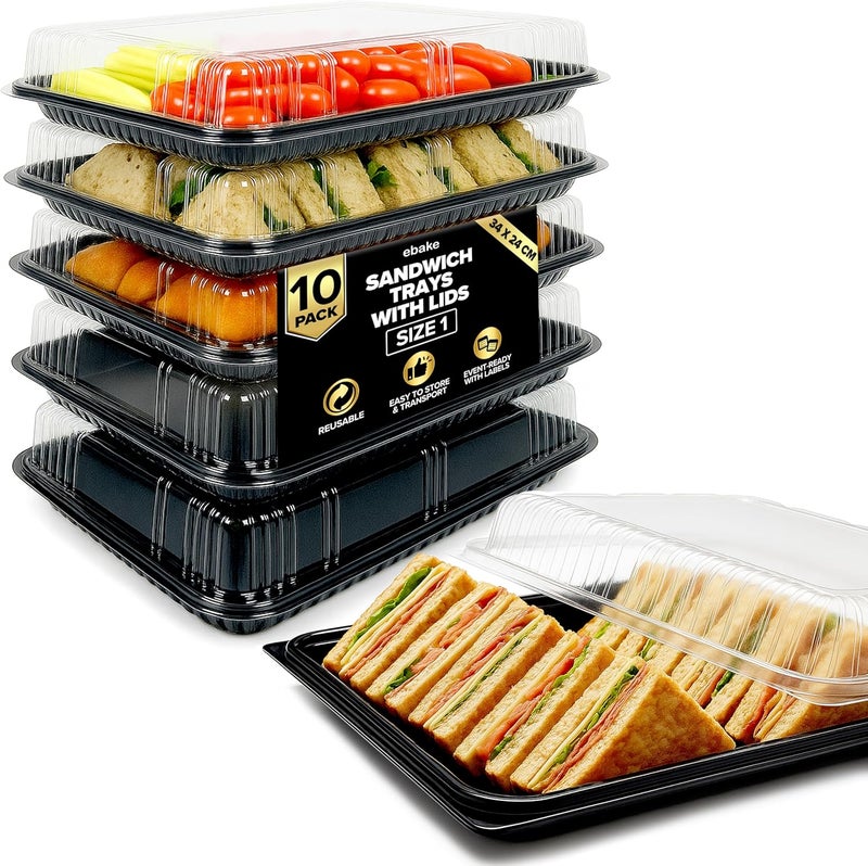 ebake 10 Pack Catering Trays with Lids – 13" Serving Tray with Lid, Heavy Duty Recyclable Plastic Party Platters for Catering, Buffet, Picnics & Events – Food Trays with Clear Lid (13.39 × 9.84 × 2.95 inch) - Image 1