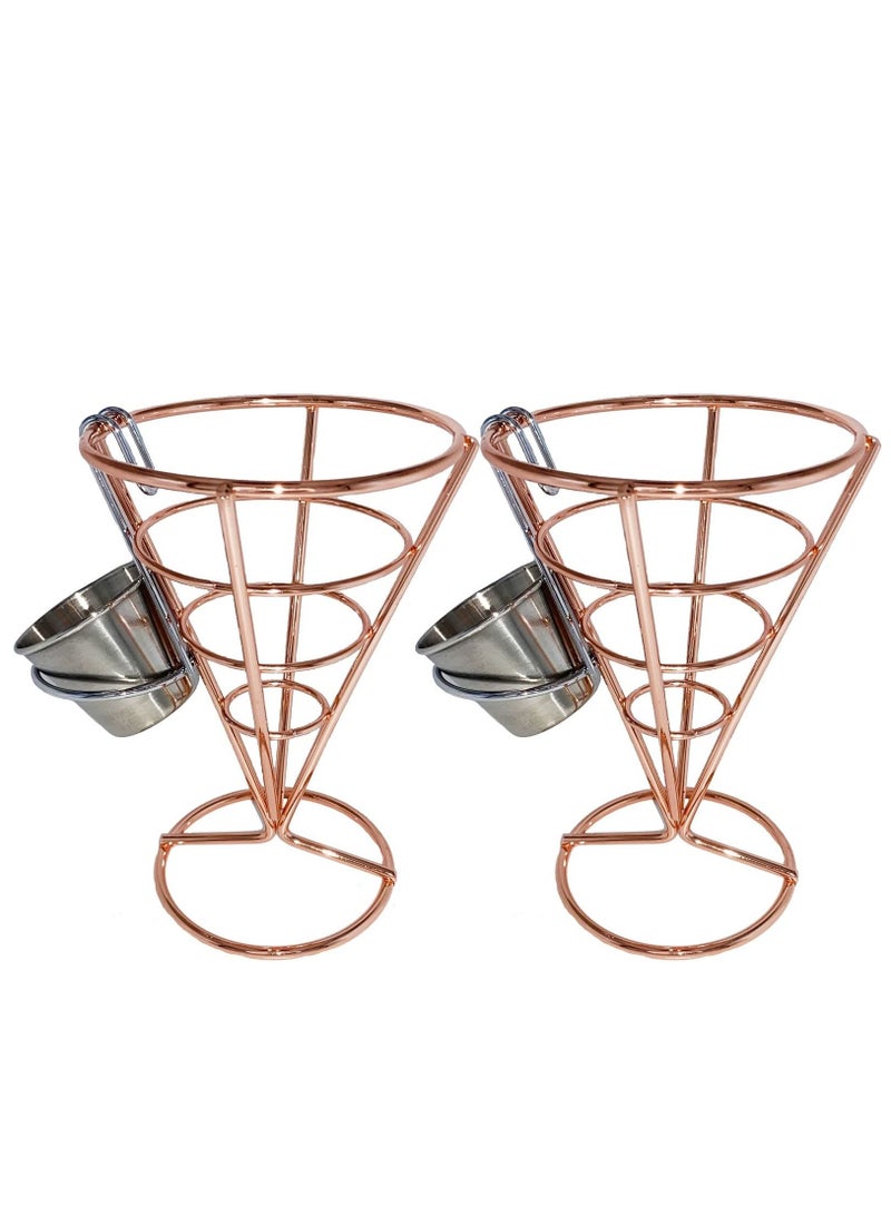 KASTWAVE 2 قطع حامل بطاطس مقلية مخروط سلة حاملة مع غمسات صلصة مخروط معدني لعرض الوجبات الخفيفة دجاج مقلي رف شبكي لمستلزمات المطبخ والمطاعم والحفلات (ذهب وردي) - Image 1