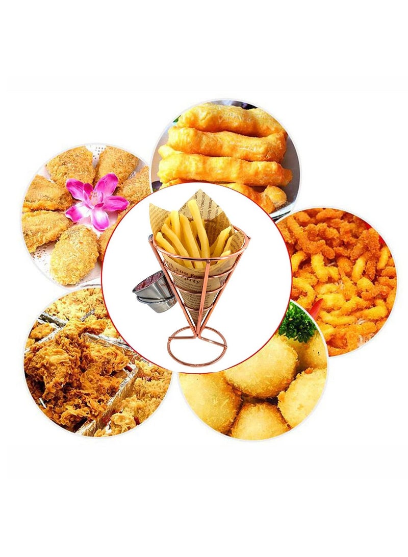 KASTWAVE 2 قطع حامل بطاطس مقلية مخروط سلة حاملة مع غمسات صلصة مخروط معدني لعرض الوجبات الخفيفة دجاج مقلي رف شبكي لمستلزمات المطبخ والمطاعم والحفلات (ذهب وردي) - Image 2