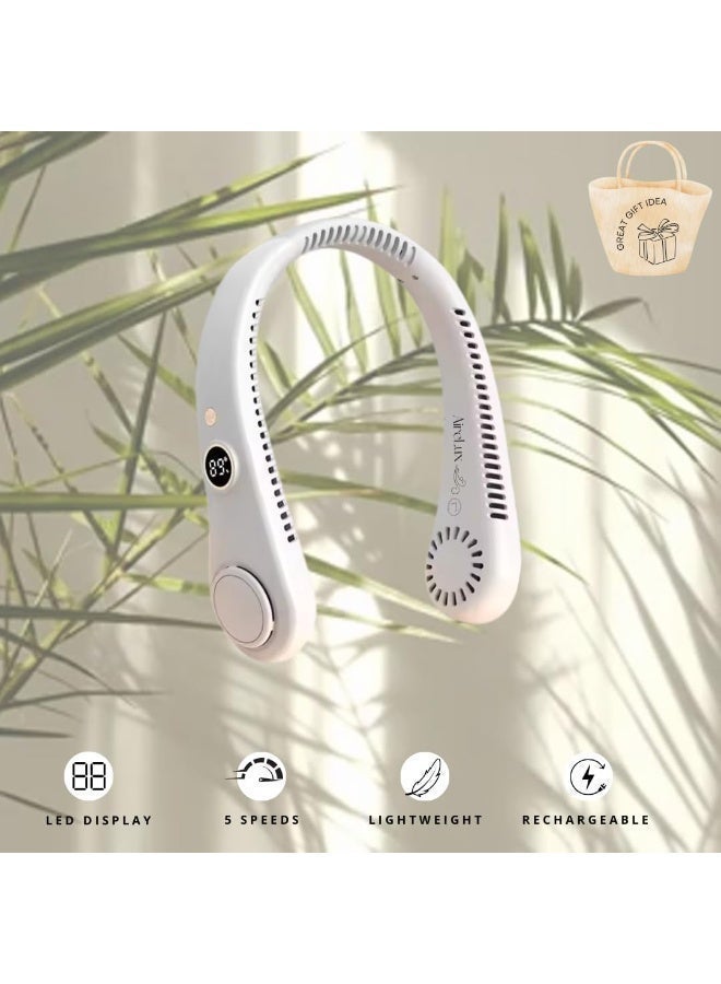 Hugifts Vaneless Hanging Neck Fan, Portable Hands-Free Fan with 5 Adjustable Speeds, USB Rechargeable, Quiet & Lightweight for Indoor/Outdoor, Travel, Sports (WHITE) - Image 2