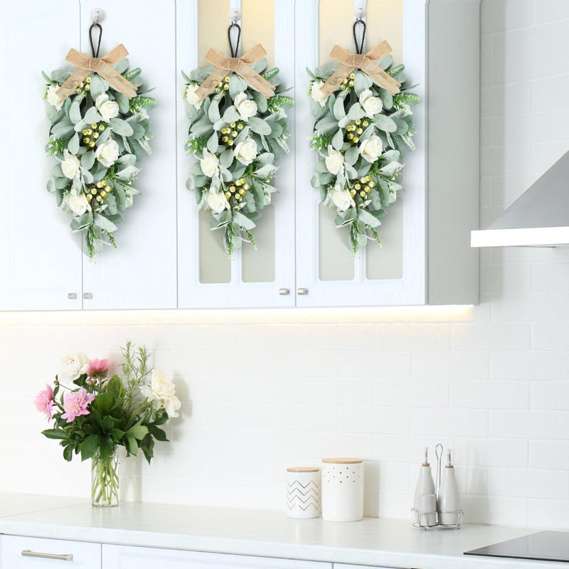 YLOLUL 2 Pcs 24" Artificial White Rose Teardrop Wreaths Swag Spring Summer Flower Berries Swags Wreath White Floral Hanging Wreaths for Kitchen Cabinet Doors Window Wall Wedding Party Home Decor - Image 5