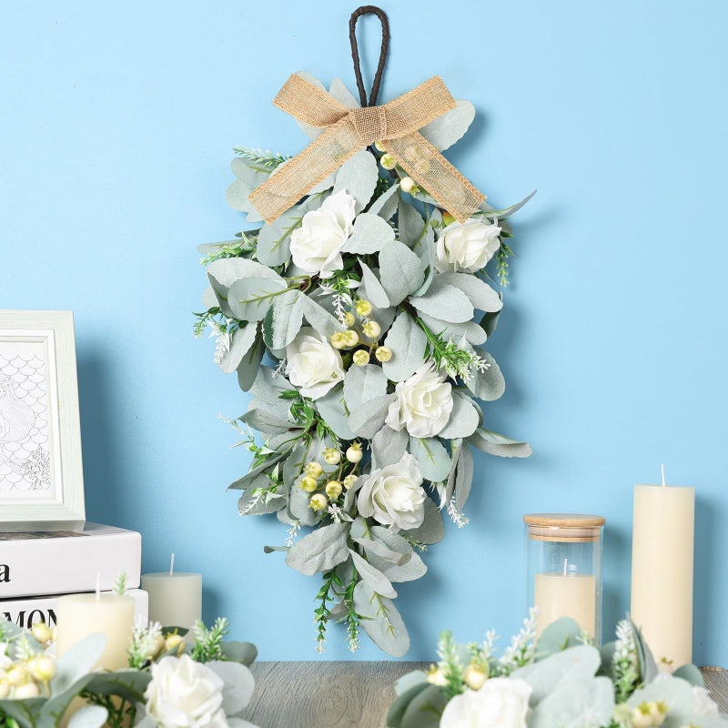 YLOLUL 2 Pcs 24" Artificial White Rose Teardrop Wreaths Swag Spring Summer Flower Berries Swags Wreath White Floral Hanging Wreaths for Kitchen Cabinet Doors Window Wall Wedding Party Home Decor - Image 2