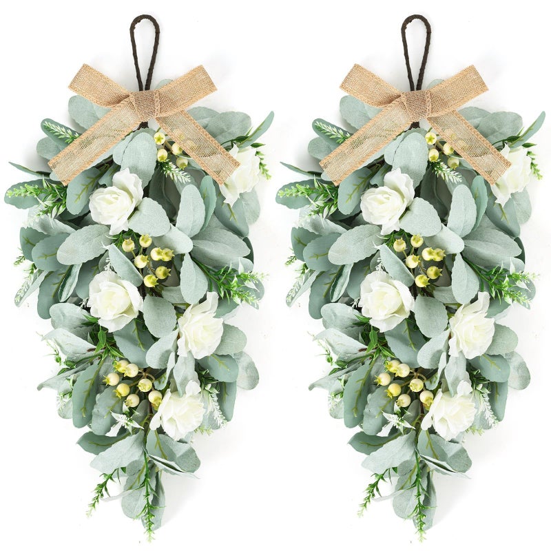 YLOLUL 2 Pcs 24" Artificial White Rose Teardrop Wreaths Swag Spring Summer Flower Berries Swags Wreath White Floral Hanging Wreaths for Kitchen Cabinet Doors Window Wall Wedding Party Home Decor - Image 1