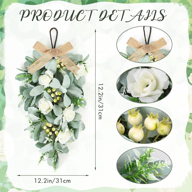 YLOLUL 2 Pcs 24" Artificial White Rose Teardrop Wreaths Swag Spring Summer Flower Berries Swags Wreath White Floral Hanging Wreaths for Kitchen Cabinet Doors Window Wall Wedding Party Home Decor - Image 3