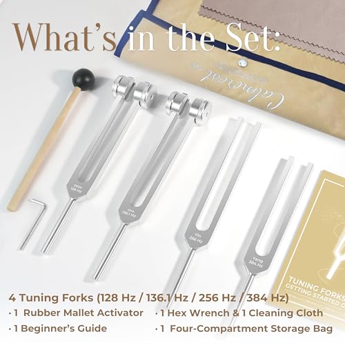 CALMCREST Tuning Forks for Healing Set (128Hz, 136.1Hz, 256Hz, 384Hz) - Weighted & Unweighted Tuning Forks with a Rubber Mallet - Chakra Sound Therapy Instruments with a Bag, Healing Gifts for Women & Men (10) - Image 2