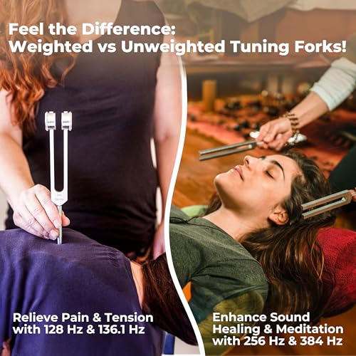 CALMCREST Tuning Forks for Healing Set (128Hz, 136.1Hz, 256Hz, 384Hz) - Weighted & Unweighted Tuning Forks with a Rubber Mallet - Chakra Sound Therapy Instruments with a Bag, Healing Gifts for Women & Men (10) - Image 4