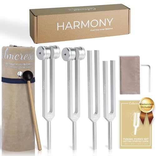 CALMCREST Tuning Forks for Healing Set (128Hz, 136.1Hz, 256Hz, 384Hz) - Weighted & Unweighted Tuning Forks with a Rubber Mallet - Chakra Sound Therapy Instruments with a Bag, Healing Gifts for Women & Men (10) - Image 1
