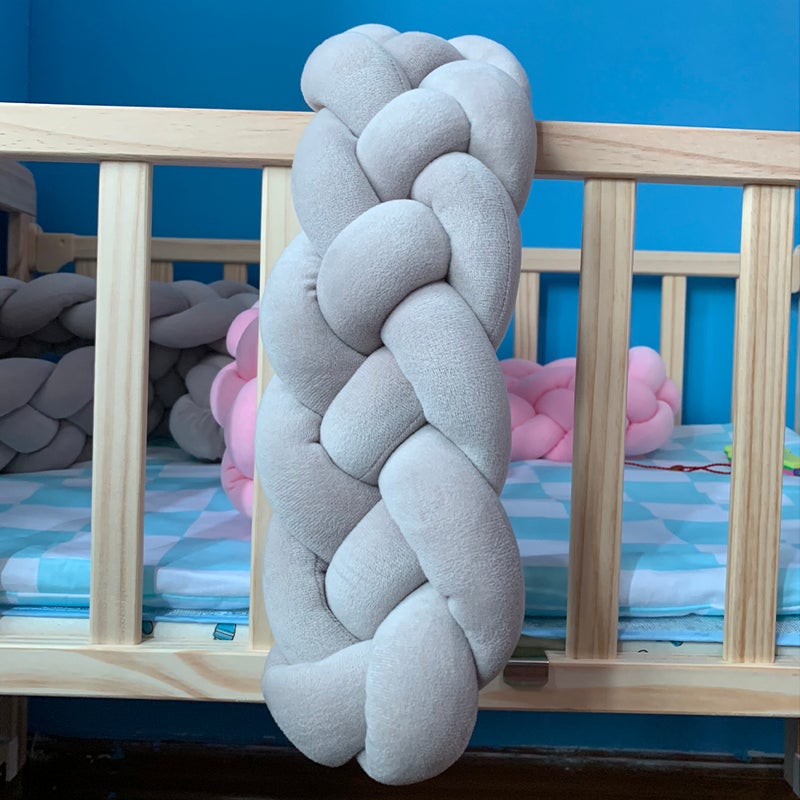 Baby Crib Bumper Knotted Braided Bumper Handmade Soft Knot Pillow Pad Cushion Nursery Cradle Decor Newborn Gift Crib Protector Cotton 1 Meter(39.4 Inch) - 4 Strands Grey - Image 2