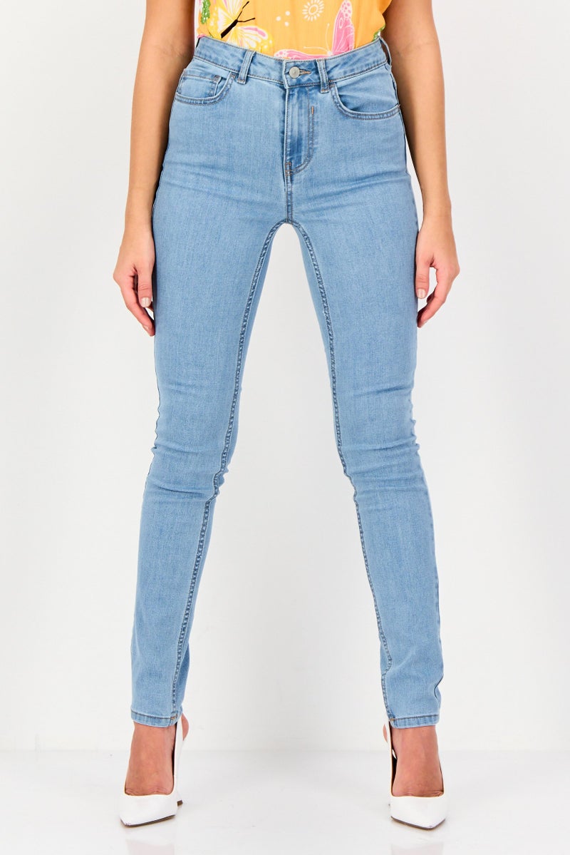 promod Women Skinny Fit Washed Stretchable Denim, Light Blue - Image 1