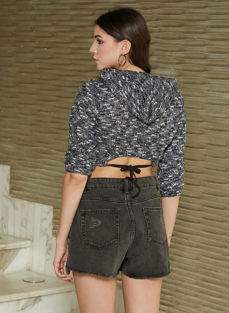 كامبوس سوترا Women's Charcoal Grey Textured Cropped Hoodie