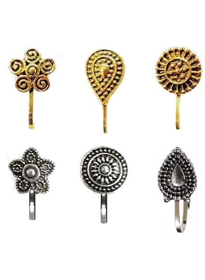 VAMA FASHIONS Without Piercing Nosering Pressing Type Clip on Oxidised Silver nose pin Stud for women (Nose pin oxidised) - Image 1