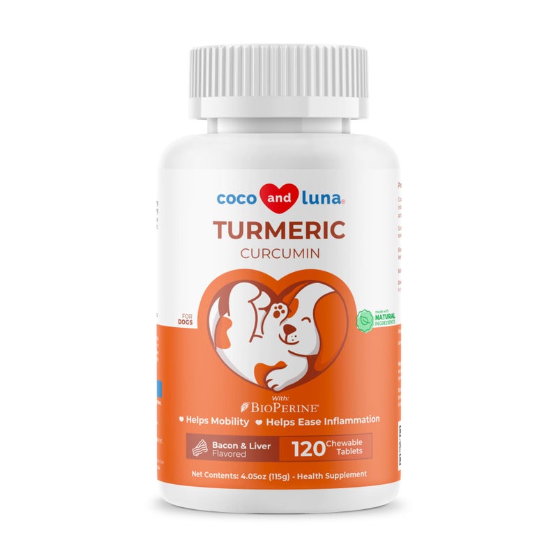 Coco and Luna Turmeric for Dogs Anti Inflammatory Pain Relief - 120 Chewable Tablets Hip & Joint Support with Curcumin and BioPerine, Antioxidant, Cardiovascular Health - Image 1
