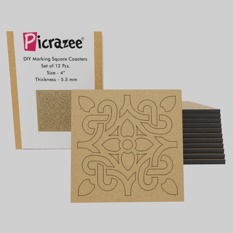 PICRAZEE DIY Engineered Pine MDF Pre-Marked 12 Square Plates Size 4x4 inch and 5.5 mm Thickness– Ideal for Art and Craft, Resin Art, Decoupage, and DIY Projects - Image 1