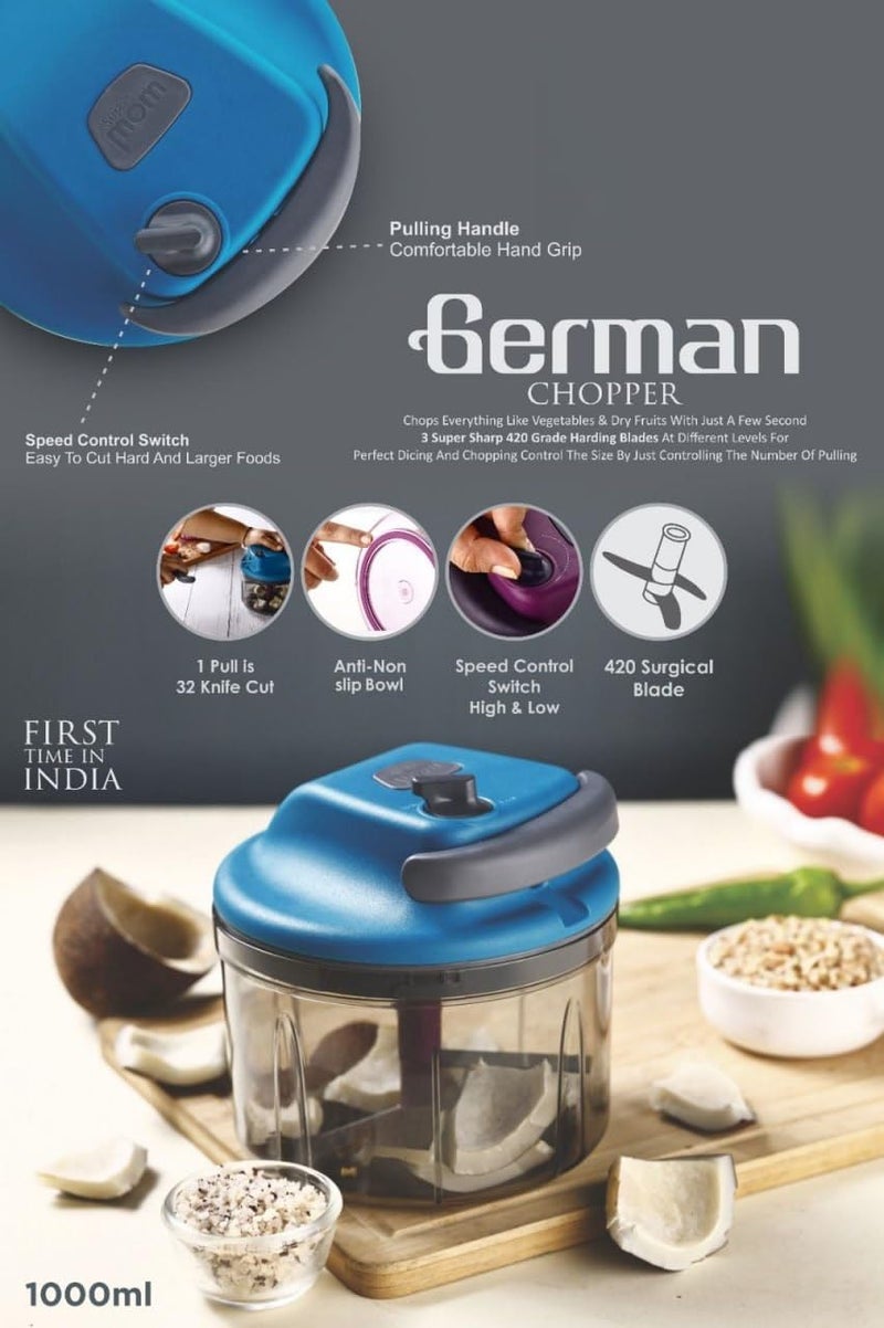 ORLUXE™ 1000ml German Manual Chopper | Speed Control with 420 Stainless Steel Blades | 1 Pull = 32 Cuts | Vegetable & Food Chopper with Non-Slip Anti-Skid Bowl | Multicolor - Image 2