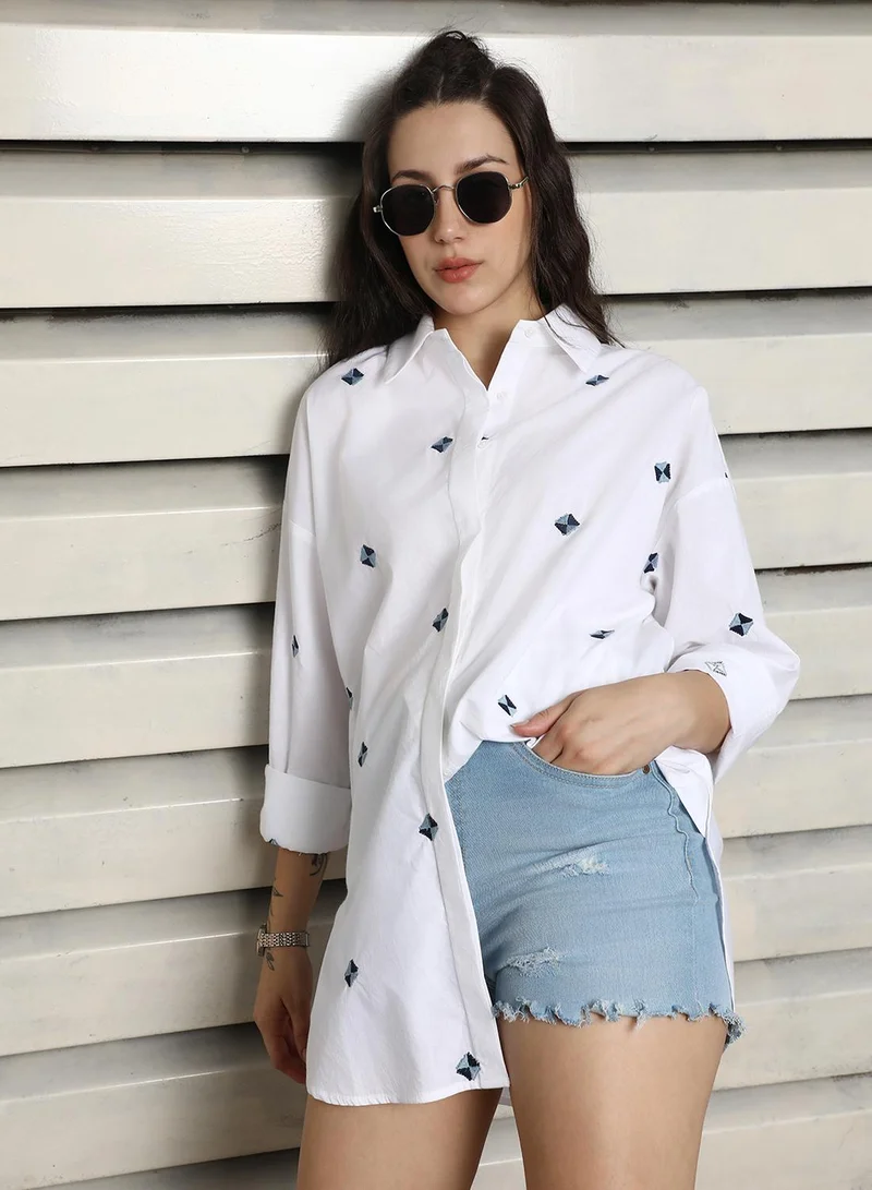 HIGH STAR Women's White 100% Cotton Embroidered Button Down Oversized Shirt