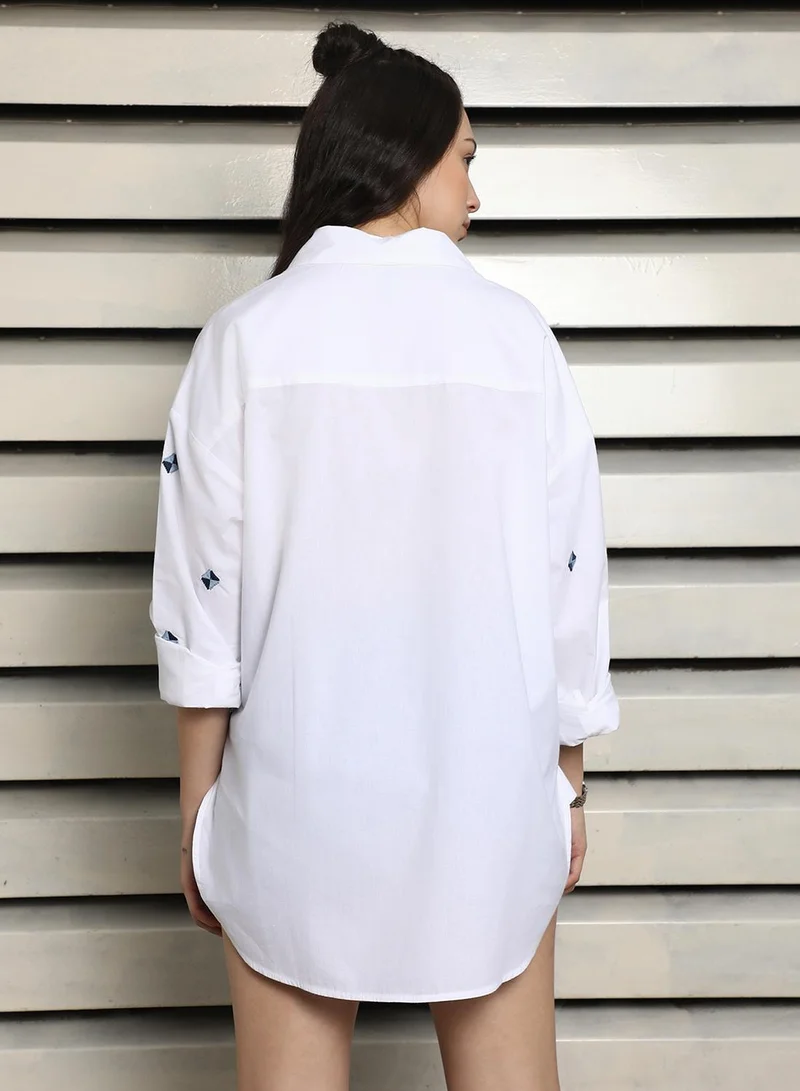 HIGH STAR Women's White 100% Cotton Embroidered Button Down Oversized Shirt