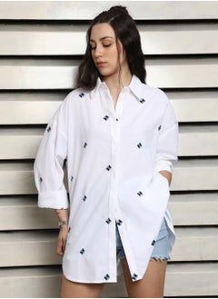 HIGH STAR Oversized Fit Spread Collar Cotton Embroidered Casual Shirt for Women  - Image 2