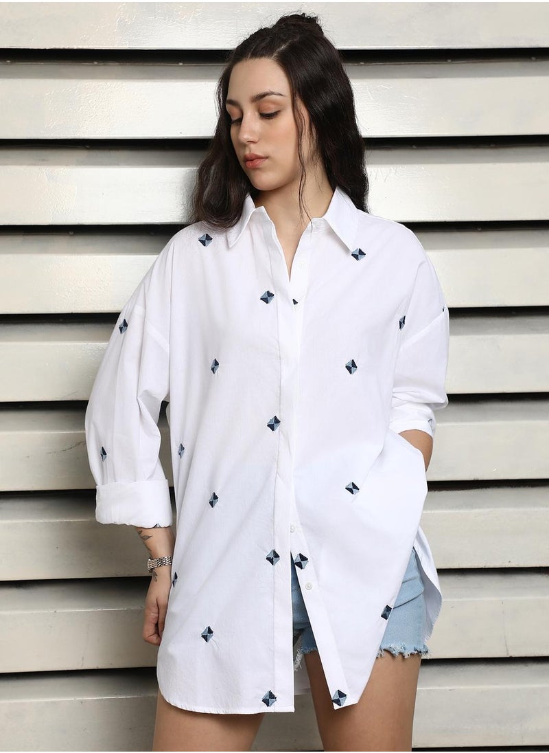 HIGH STAR Oversized Fit Spread Collar Cotton Embroidered Casual Shirt for Women  - Image 2