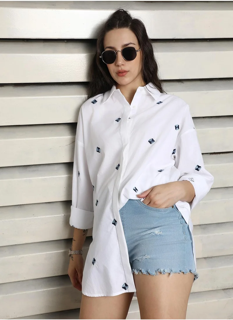 هاي ستار Oversized Fit Spread Collar Cotton Embroidered Casual Shirt for Women