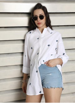HIGH STAR Oversized Fit Spread Collar Cotton Embroidered Casual Shirt for Women  - Image 1