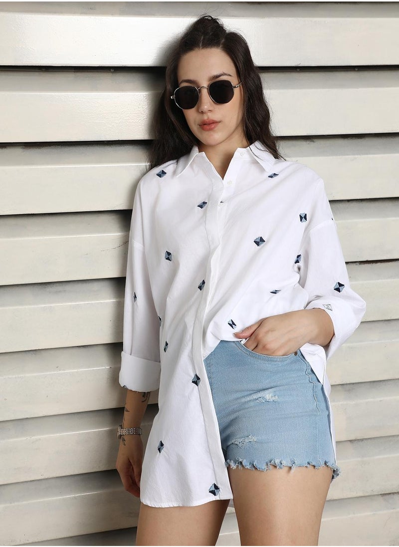 HIGH STAR Oversized Fit Spread Collar Cotton Embroidered Casual Shirt for Women  - Image 1