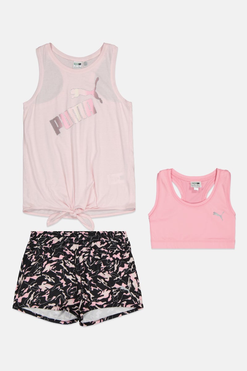 PUMA طقم مكون من 3 قطع للبنات: توب بدون أكمام مع حمالة صدر رياضية وشورتات، متعدد الألوان - Image 2