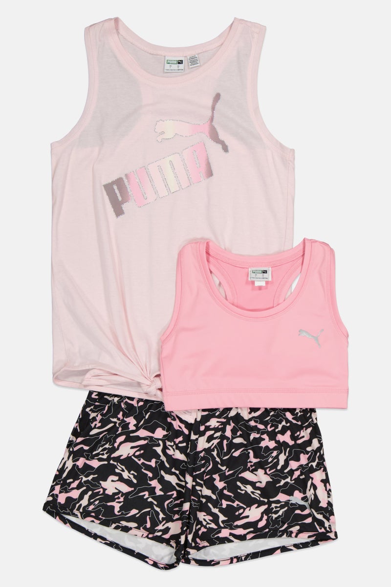 PUMA طقم مكون من 3 قطع للبنات: توب بدون أكمام مع حمالة صدر رياضية وشورتات، متعدد الألوان - Image 1