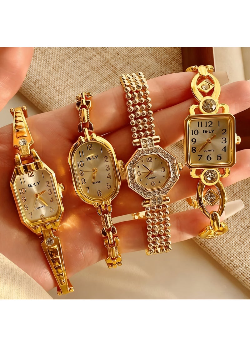 بينكو أربع ساعات أنيقة، حركة كوارتز عالية الدقة، مقاومة للماء، كوارتز بيضاوي صغير، ذهبية، ساعات ألماس أنيقة، إطار، ساعات نسائية فاخرة للمجوهرات. - Image 1